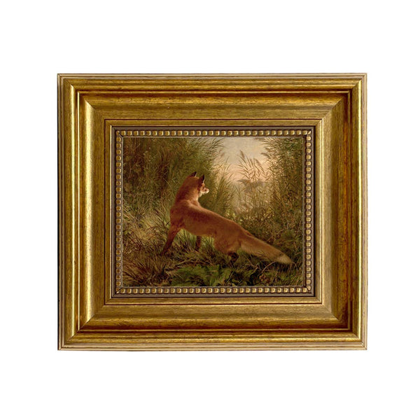 Fox Flushing Ducks Oil Painting Print on Canvas, Gold Frame: 5" x 6"