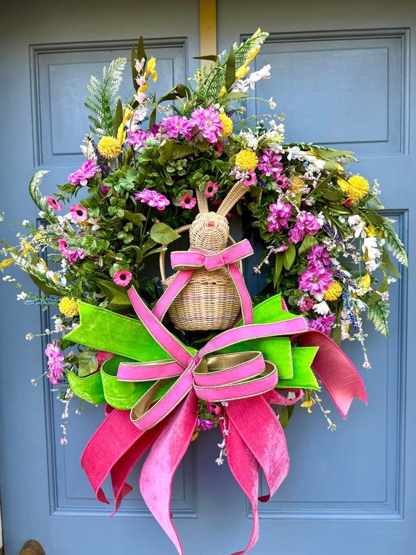 Wild flowers and Vintage bunny basket wreath Spring 2025