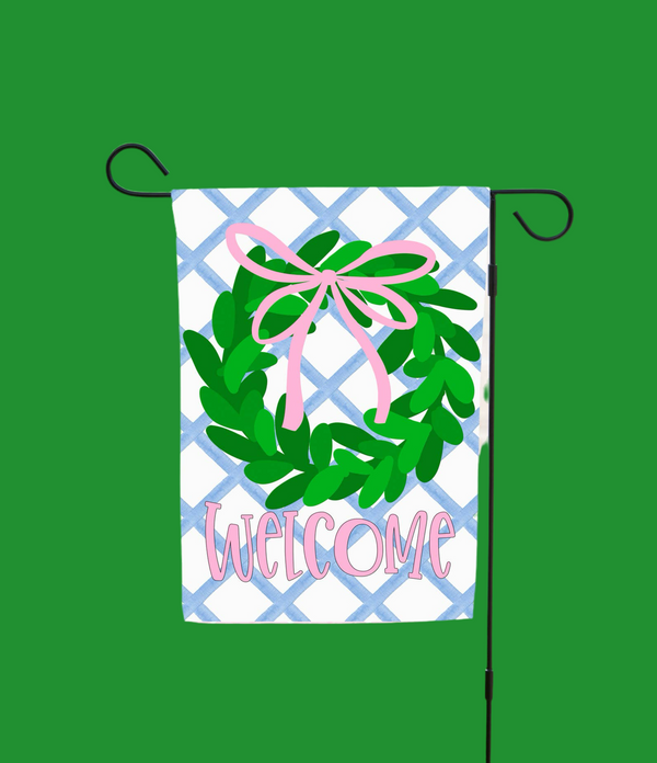 Preppy Wreath Garden Flag - Blue Plaid Wreath: 12" x 18" - Double-Sided