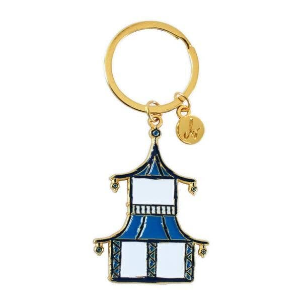 Brass and Glossy Enamel Pagoda Keychain with Logo Charm