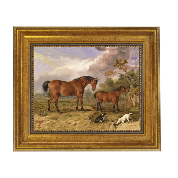 Two Horses with Dogs and Rabbit Framed Oil Painting Print