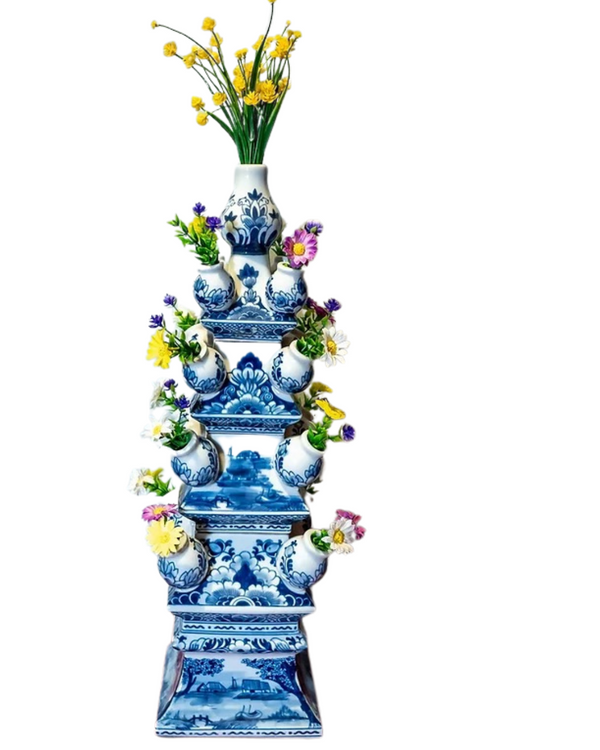 PA002 Blue white pagoda tulipiere vase with landscape