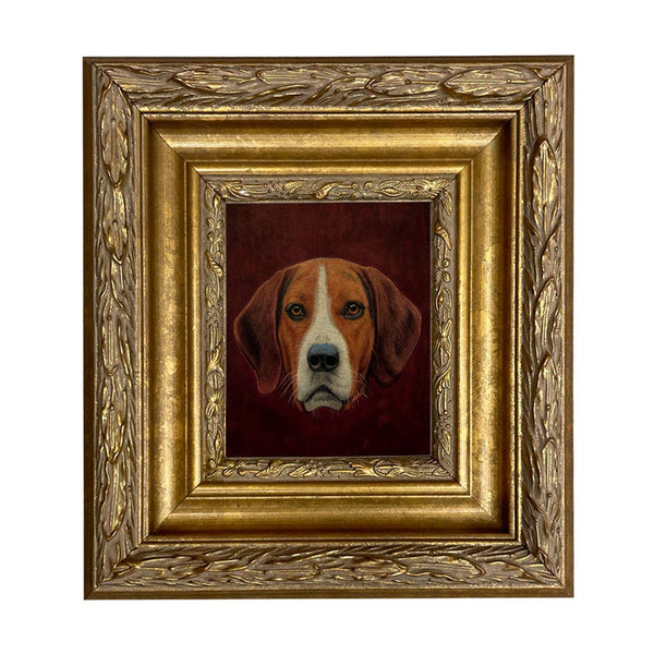 Fox Hound Hunting Dog Framed Oil Painting Print on Canvas: Ornate Antiqued Gold & Gesso / 5" x 6"