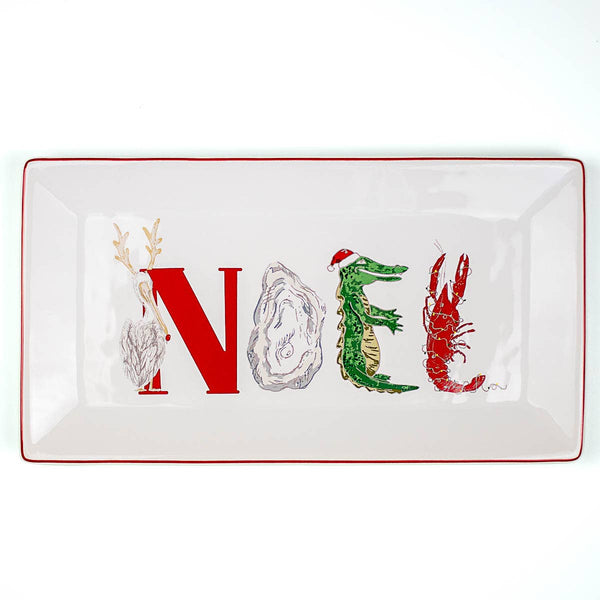 Such a fun culinary nod to Cajun cuisine. Cajun Noel Rectangle Platter   White/Green/Red   12xx6.5