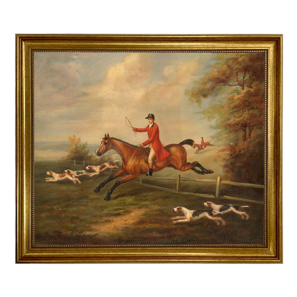 Fox Hunting Scene Framed Oil Painting Print on Canvas: Antiqued Gold / 5" x 6"