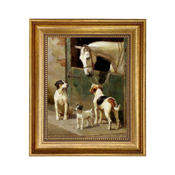 Dog and Horse at Stable Framed Oil Painting Print on Canvas: 5 x 6