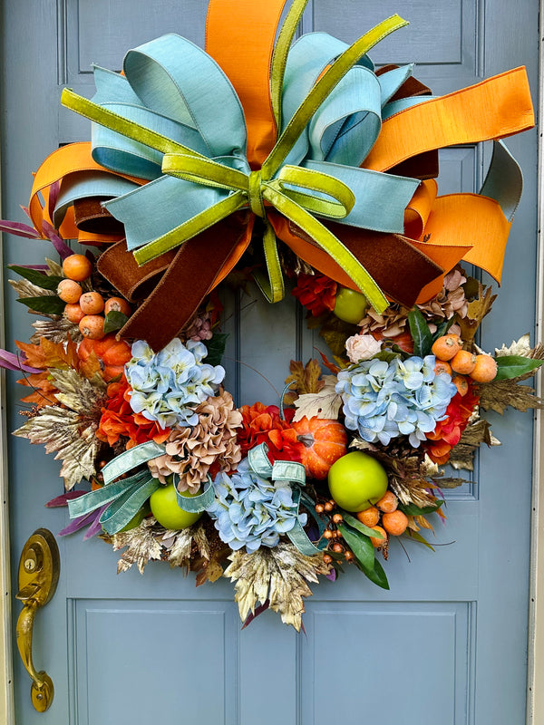 Main Character Energy Fall Wreath-Luxe pumpkins hydrangea designer bow