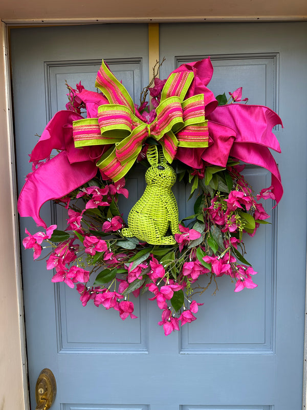 Fuchsia, bougainvillea and wicker bunny wreath spring 2025