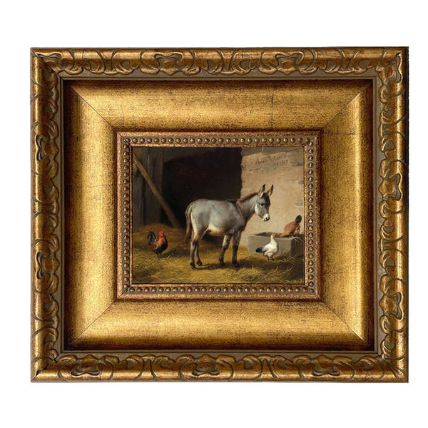 Donkey and Chickens Framed Oil Painting Print on Canvas: 3-1/4 Antique Gold / 5" x 6"