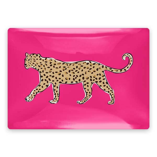 Walking Leopard Rectangle Glass Trinket Tray: Pink