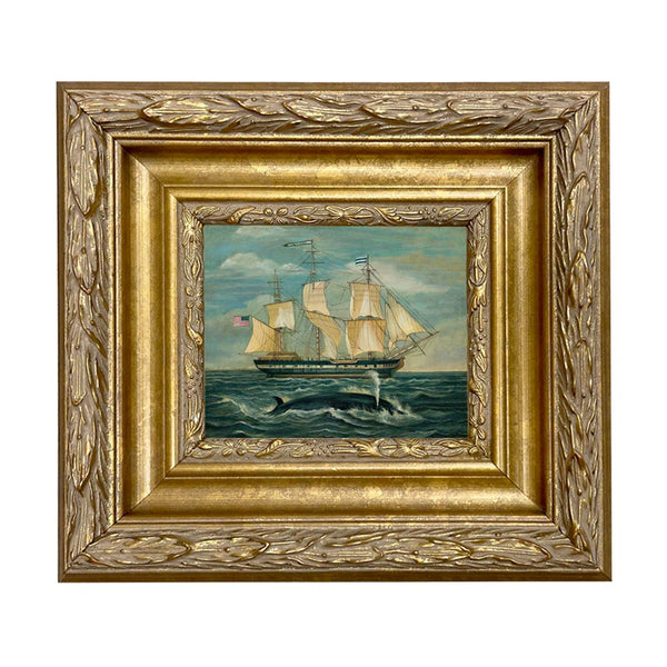 American Whaling Ship with Sperm Whale Oil Painting Print: Ornate Antiqued Gold & Gesso / 5" x 6"