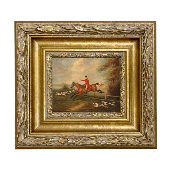 Fox Hunting Scene Framed Oil Painting Print on Canvas: Ornate Antiqued Gold & Gesso / 5" x 6"