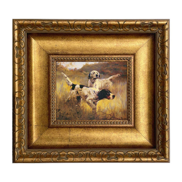 English Setters Framed Oil Painting Print on Canvas: 5" x 6"