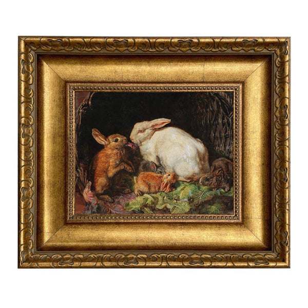 Hares and Young Framed Oil Painting Print on Canvas: 3-1/4 Antique Gold / 5" x 6"