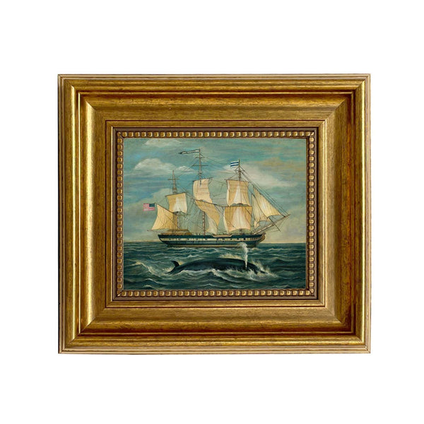 American Whaling Ship with Sperm Whale Oil Painting Print: Antiqued Gold / 5" x 6"