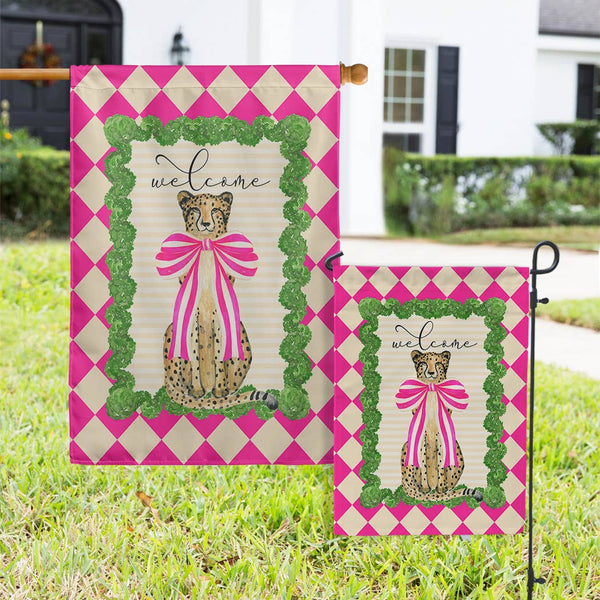 Flags - Welcome Checker Cheetah Pink Bow: Double Sided / Garden